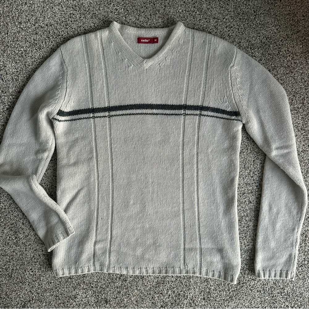 Celio Light Gray V-Neck Vintage Sweater Wool